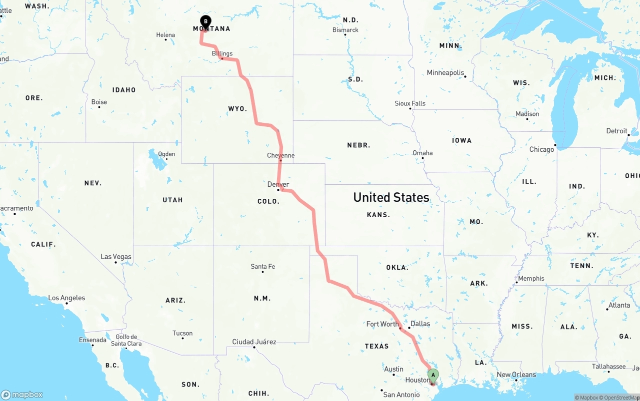 Shipping route from Port of Houston to Montana