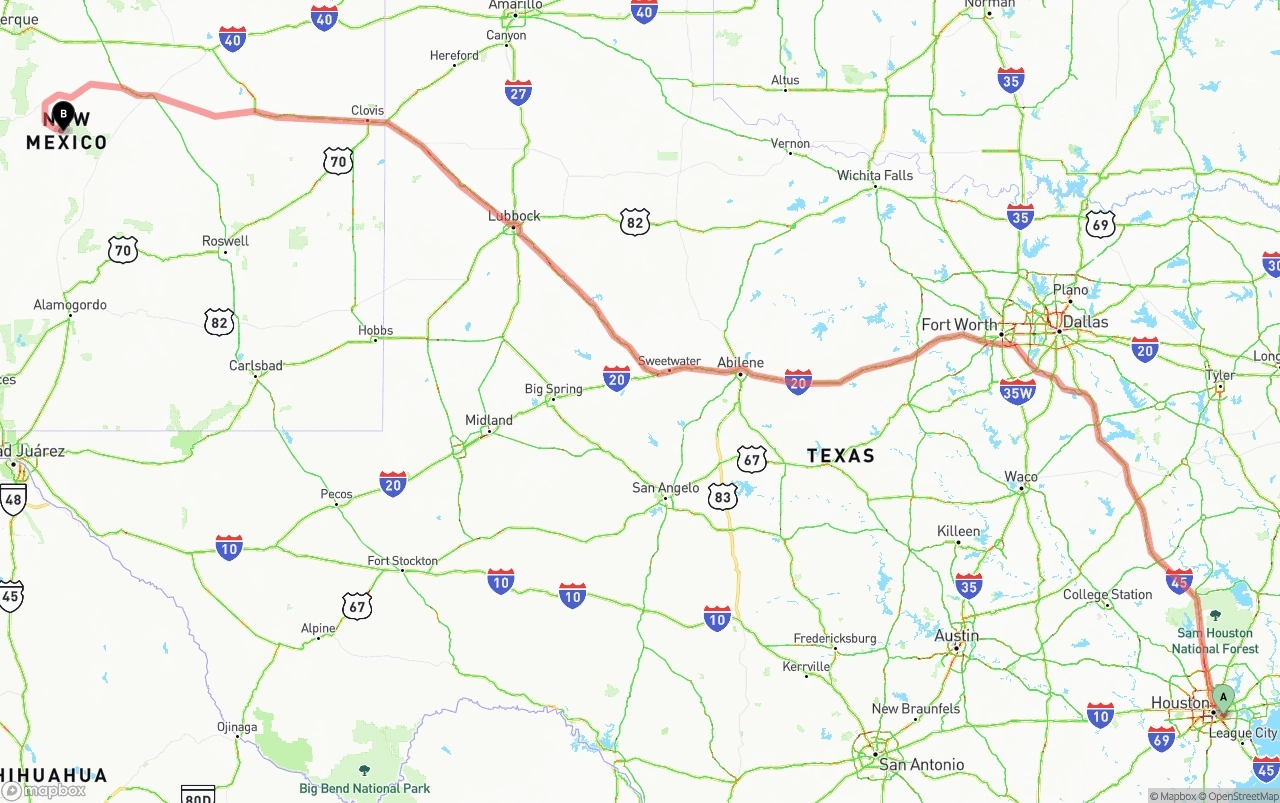 Shipping route from Port of Houston to New Mexico