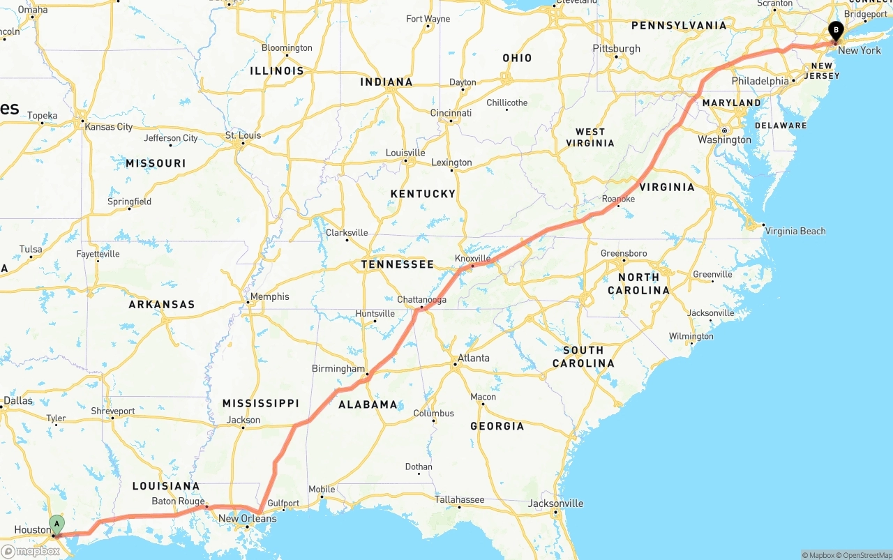 Shipping route from Port of Houston to New York City