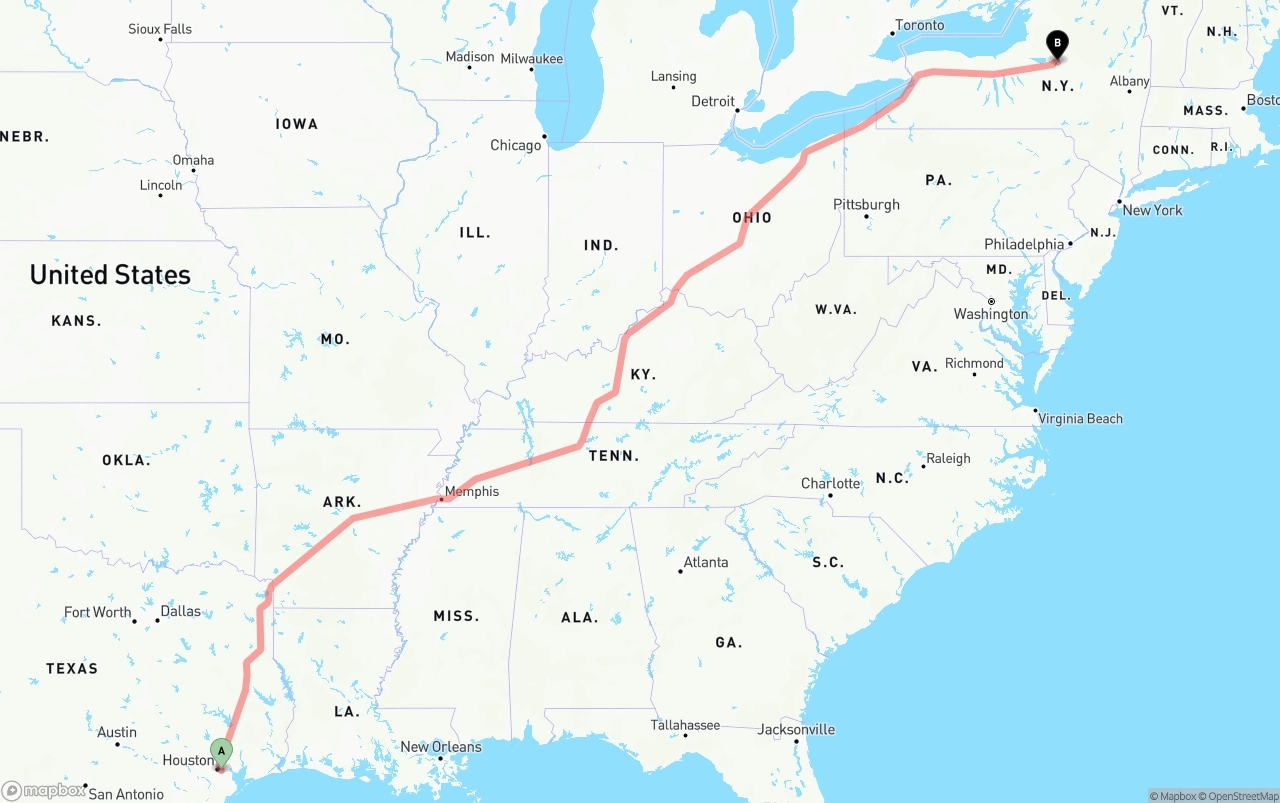 Shipping route from Port of Houston to New York