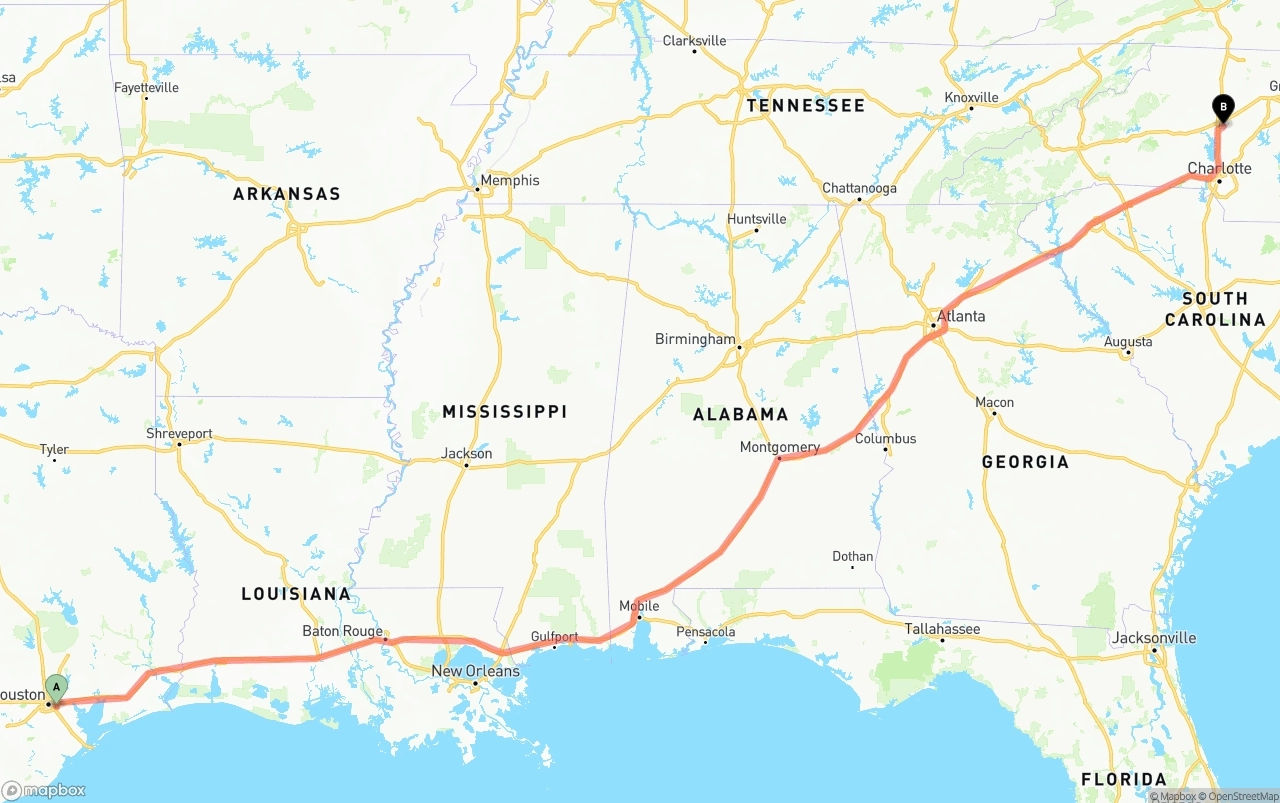 Shipping route from Port of Houston to North Carolina