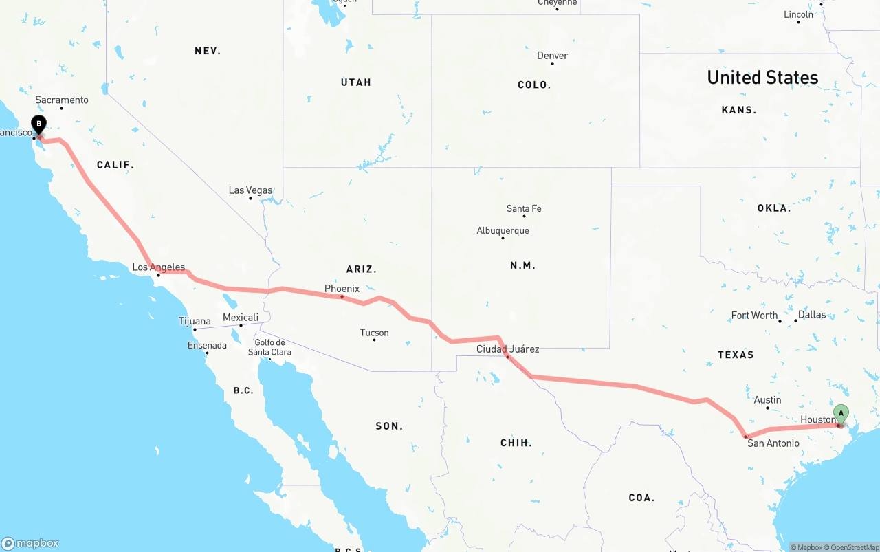 Shipping route from Port of Houston to Oakland