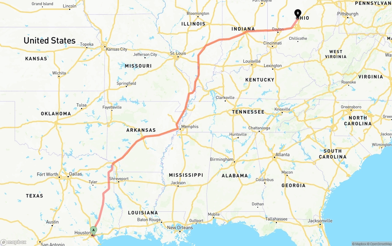 Shipping route from Port of Houston to Ohio