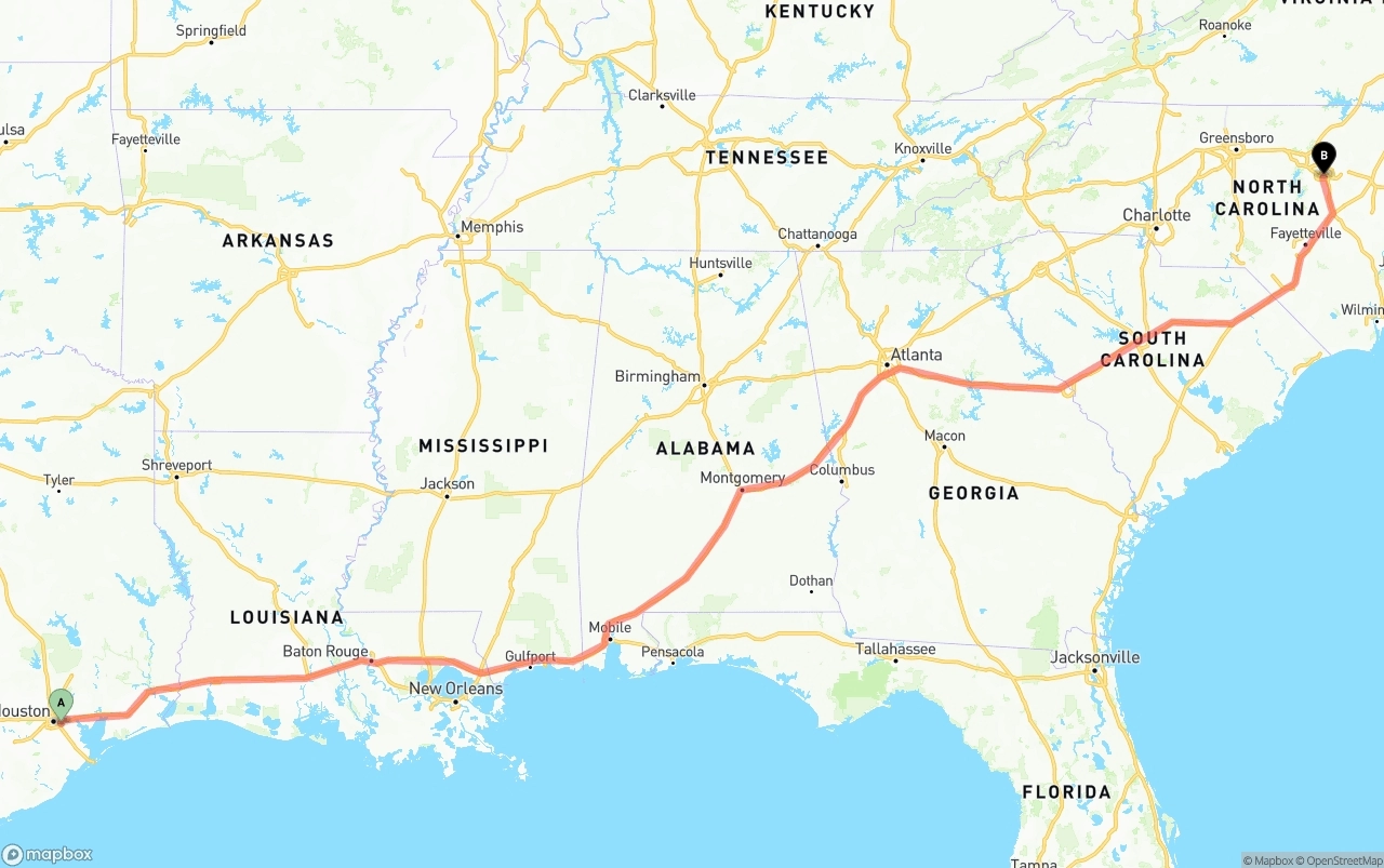 Shipping route from Port of Houston to Raleigh