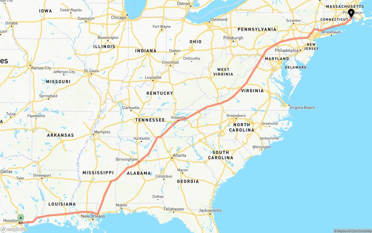 Shipping route from Port of Houston to Rhode Island