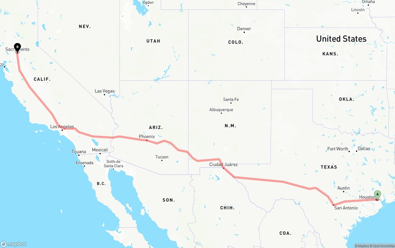 Shipping route from Port of Houston to Sacramento