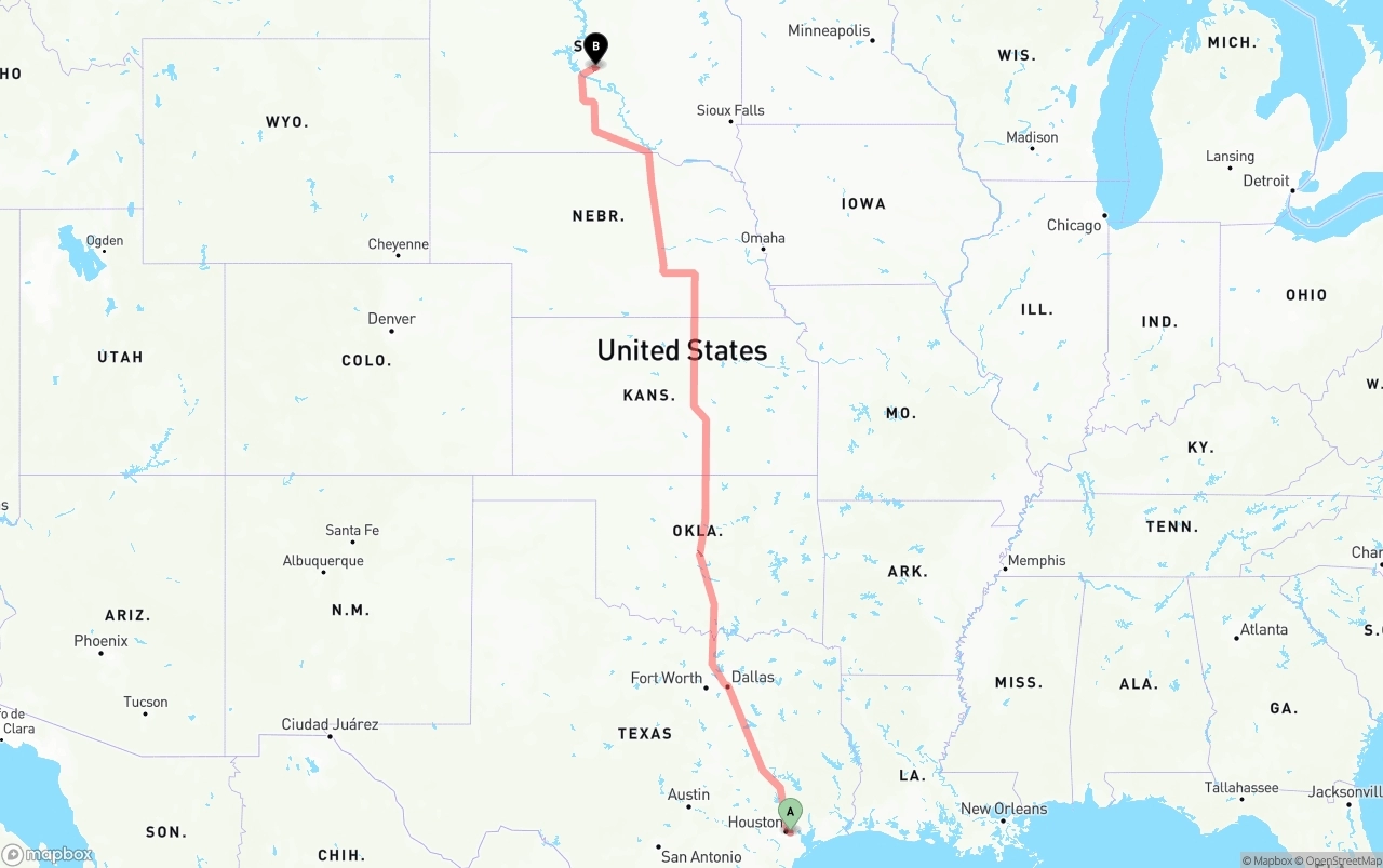 Shipping route from Port of Houston to South Dakota