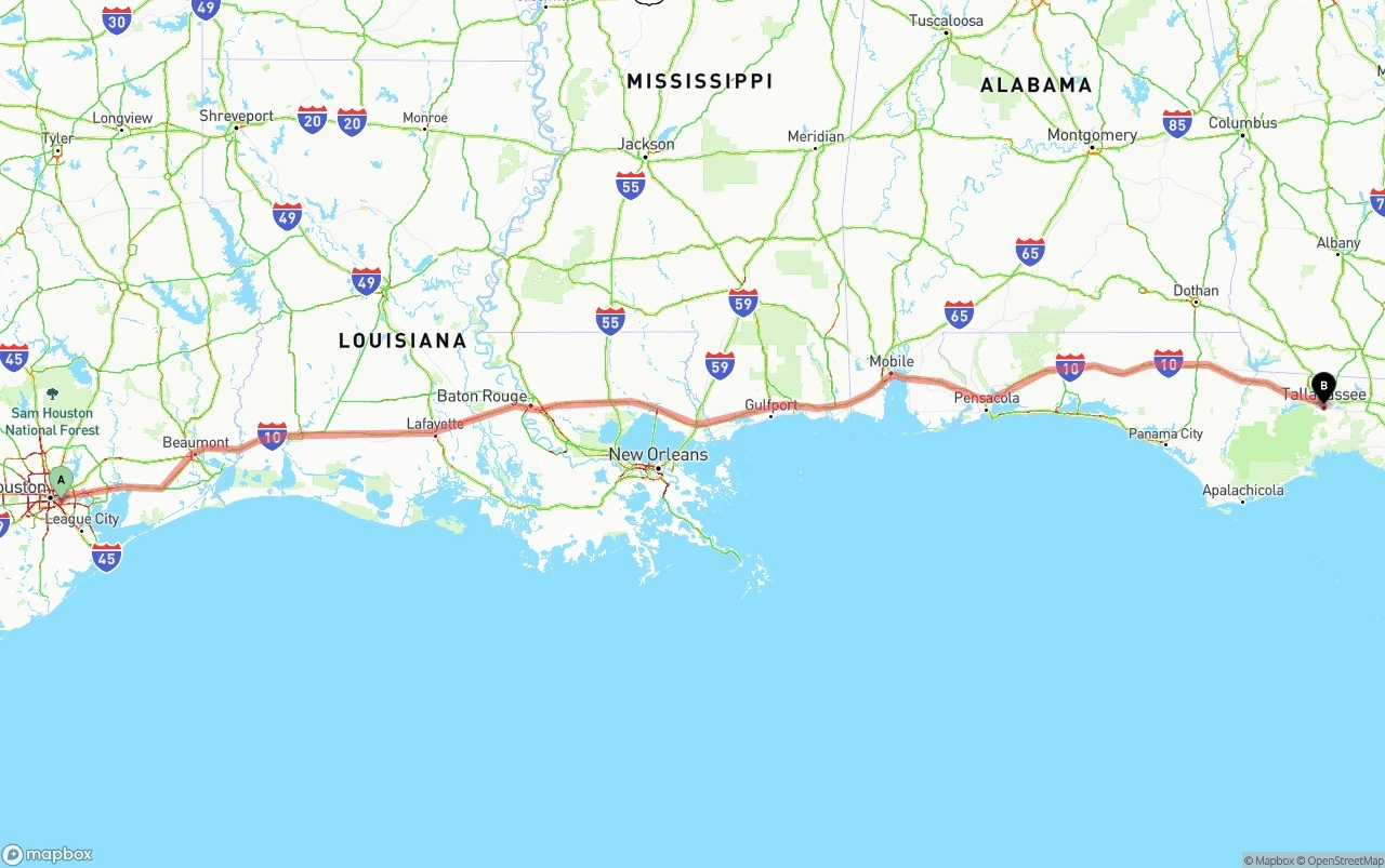 Shipping route from Port of Houston to Tallahassee