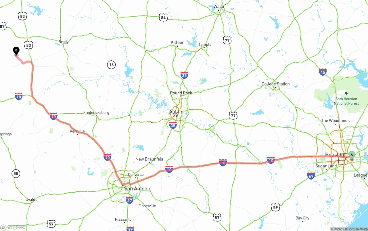 Shipping route from Port of Houston to Texas