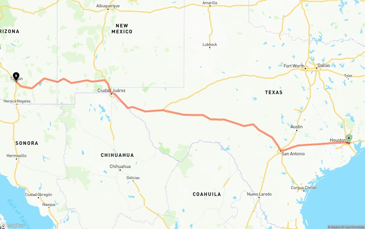 Shipping route from Port of Houston to Tucson