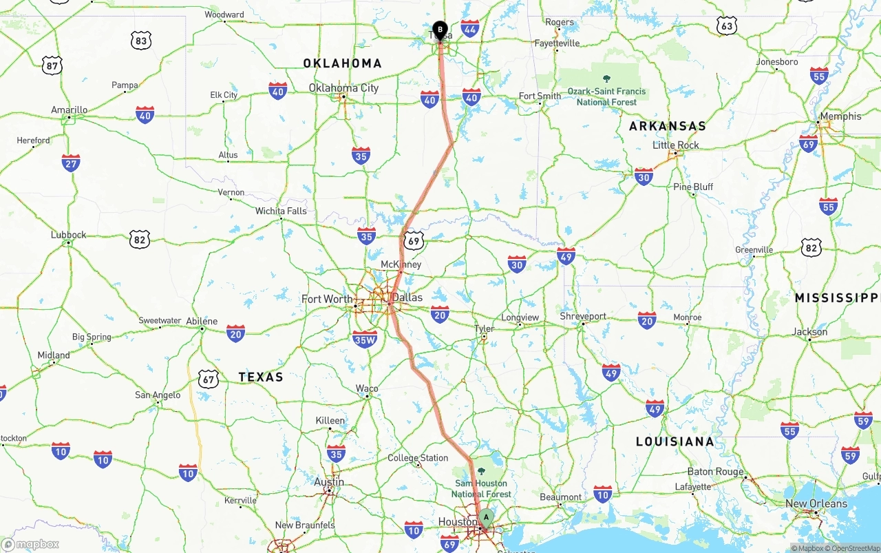Shipping route from Port of Houston to Tulsa