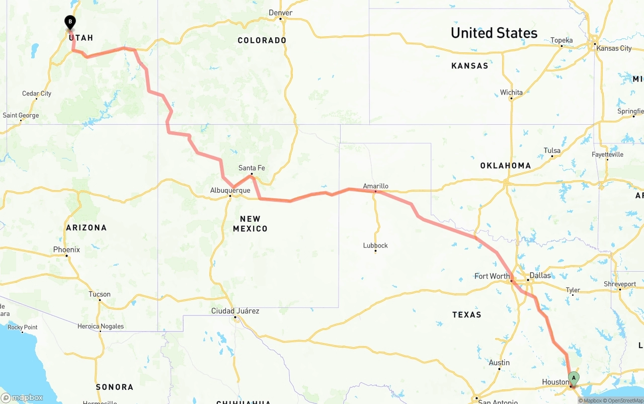 Shipping route from Port of Houston to Utah