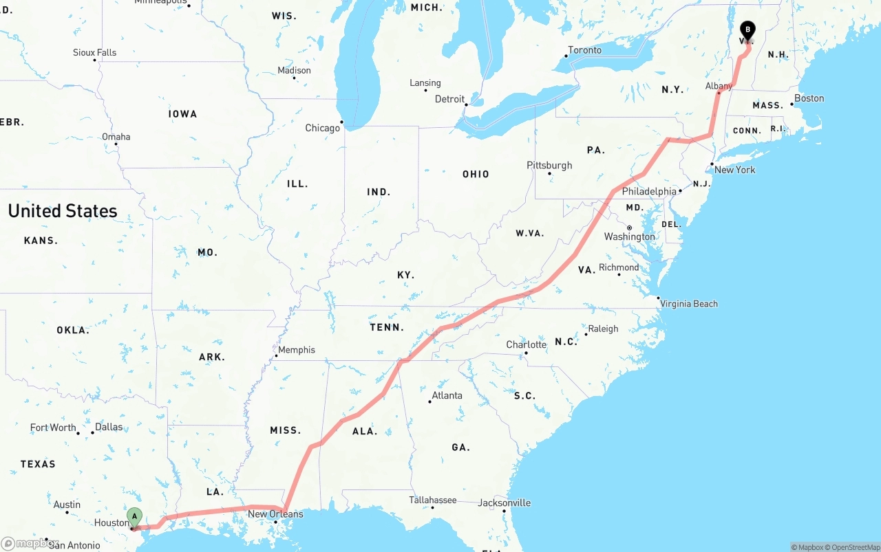 Shipping route from Port of Houston to Vermont