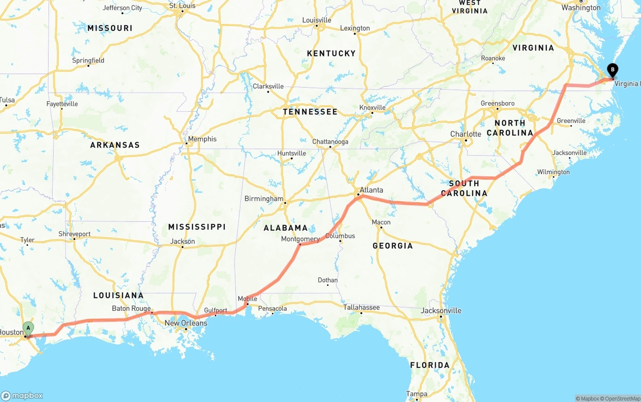 Shipping route from Port of Houston to Virginia Beach