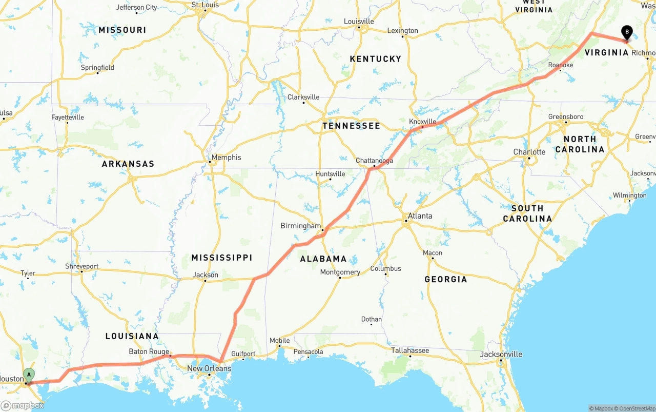 Shipping route from Port of Houston to Virginia