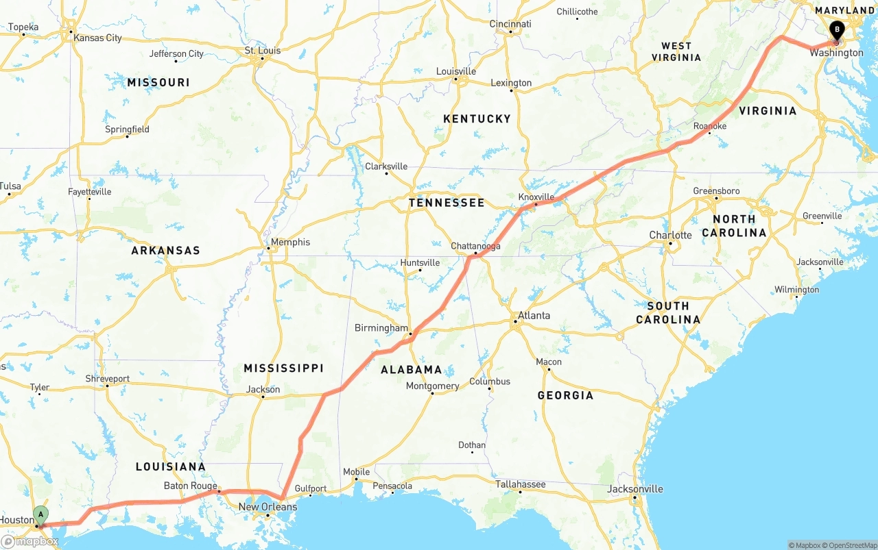 Shipping route from Port of Houston to Washington D.C.