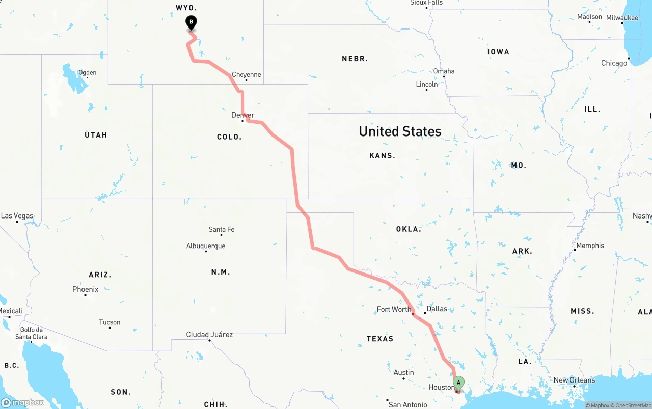 Shipping route from Port of Houston to Wyoming