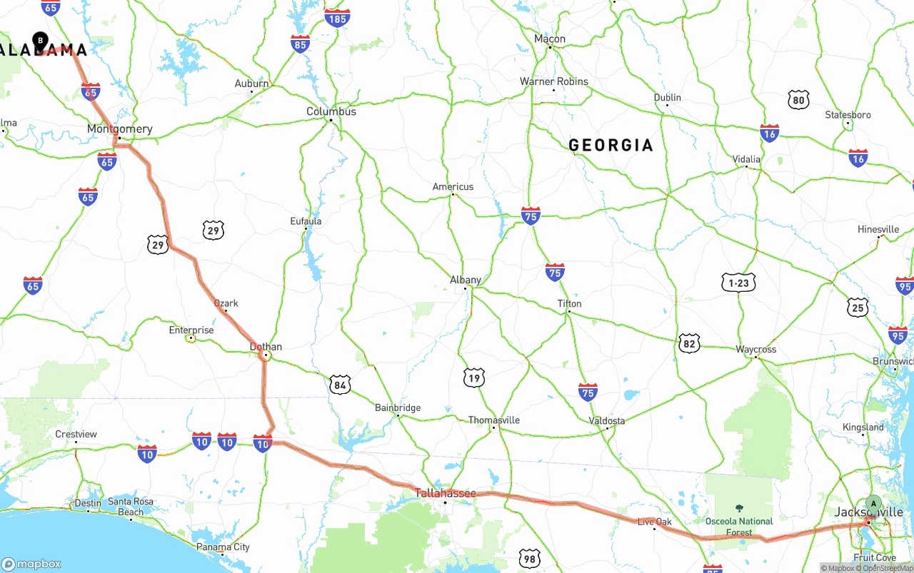 Shipping route from Port of Jacksonville to Alabama