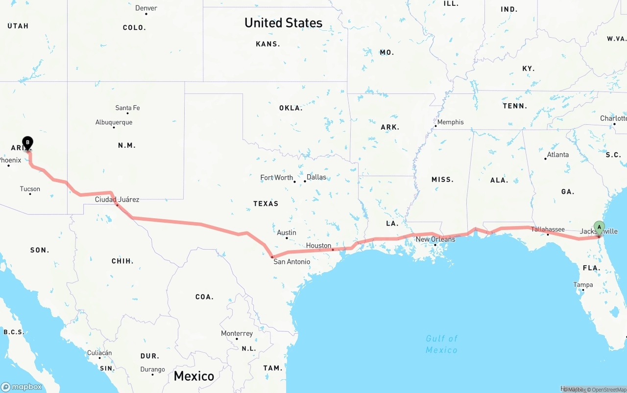 Shipping route from Port of Jacksonville to Arizona