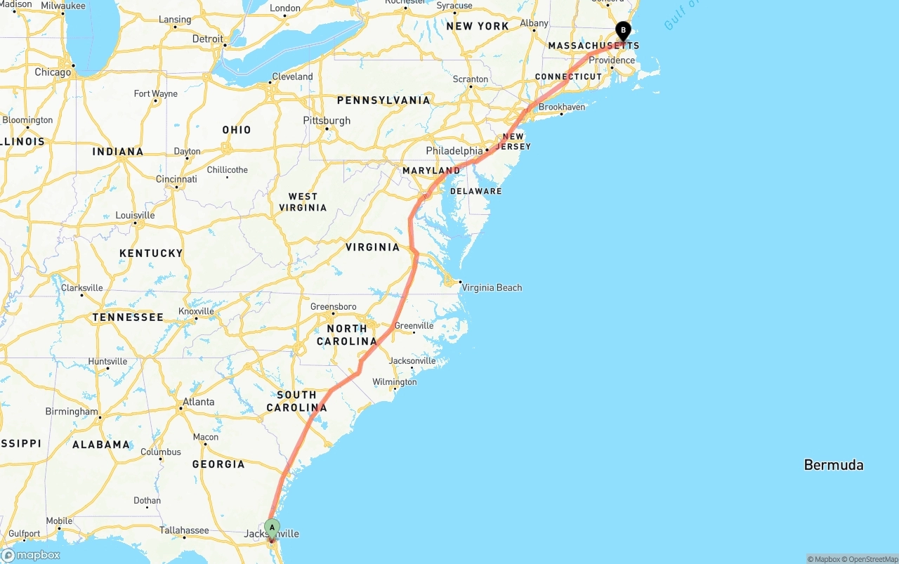 Shipping route from Port of Jacksonville to Boston