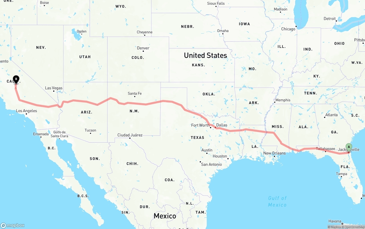 Shipping route from Port of Jacksonville to California