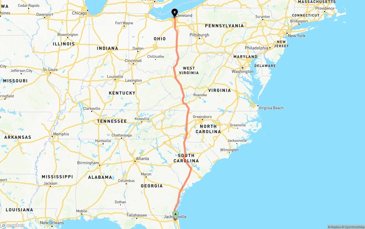 Shipping route from Port of Jacksonville to Cleveland