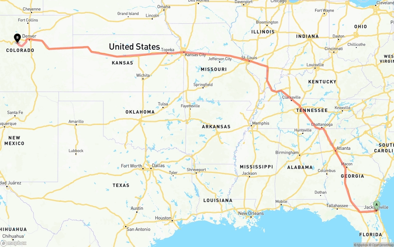 Shipping route from Port of Jacksonville to Colorado