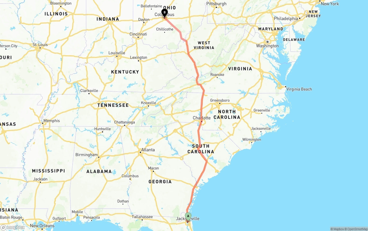 Shipping route from Port of Jacksonville to Columbus