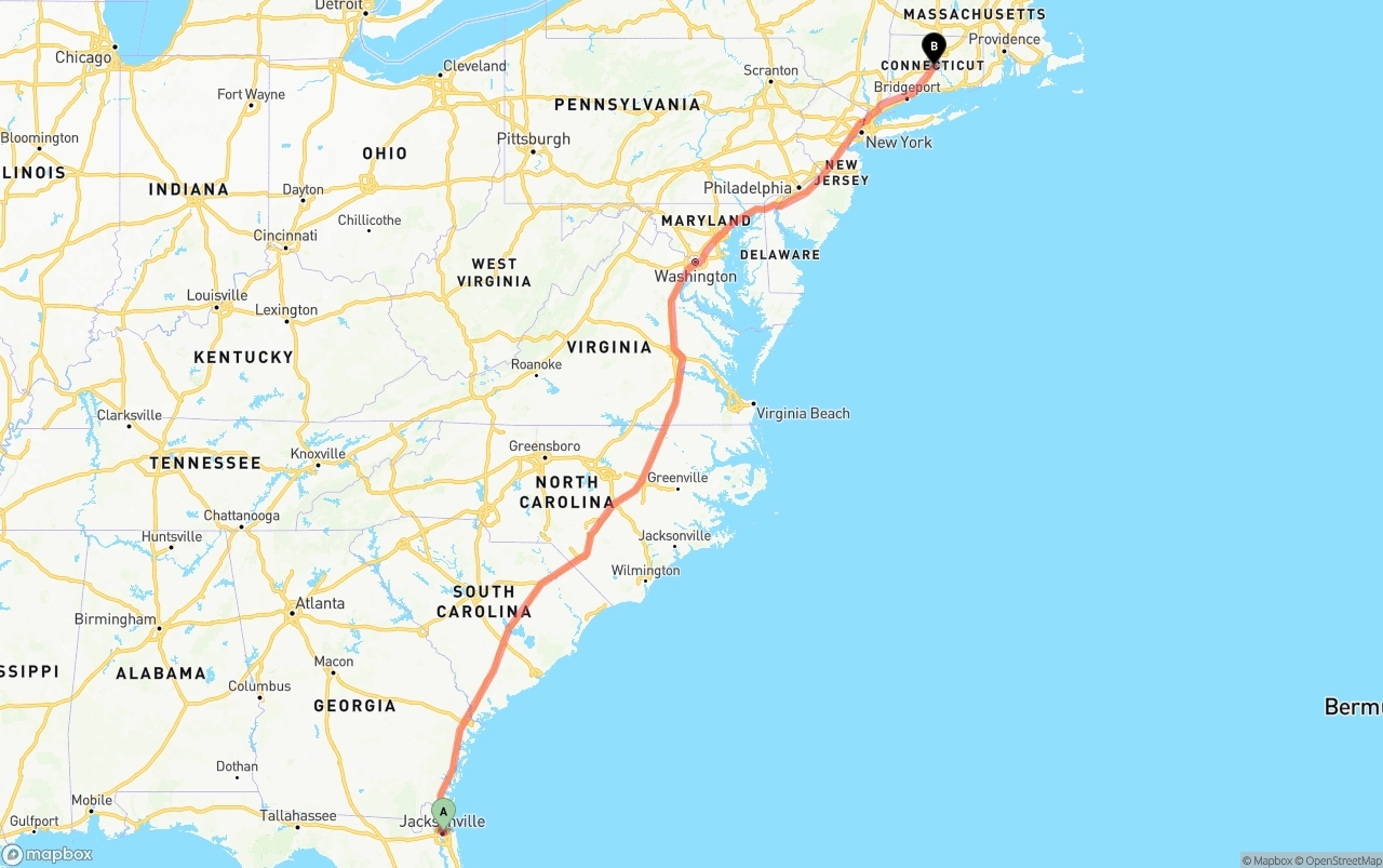 Shipping route from Port of Jacksonville to Connecticut