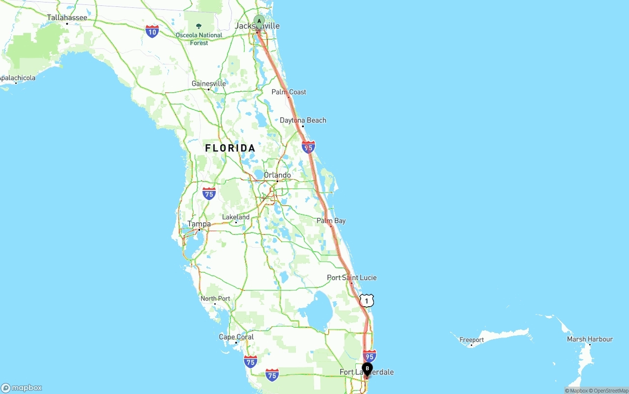 Shipping route from Port of Jacksonville to Ft. Lauderdale