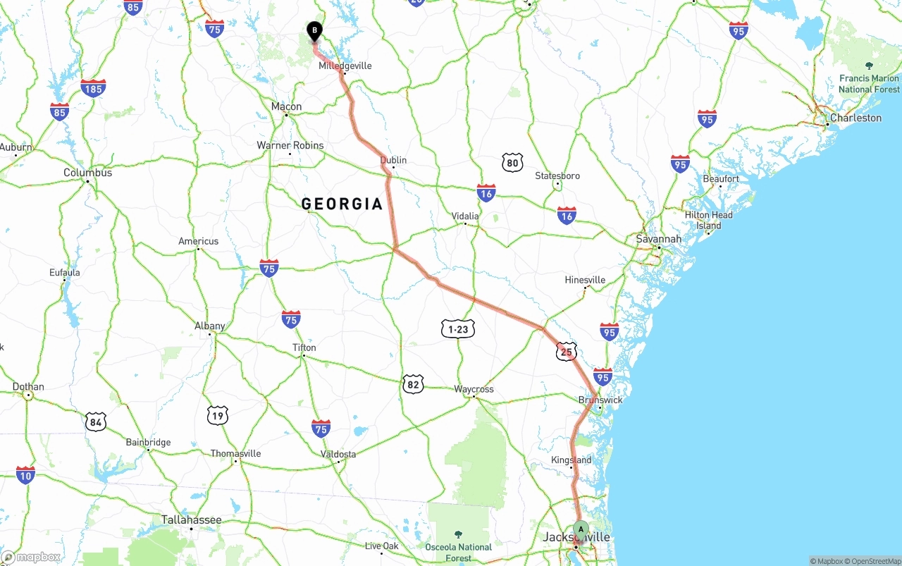 Shipping route from Port of Jacksonville to Georgia