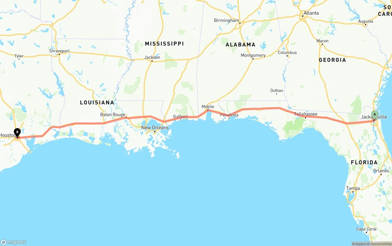 Shipping route from Port of Jacksonville to Houston
