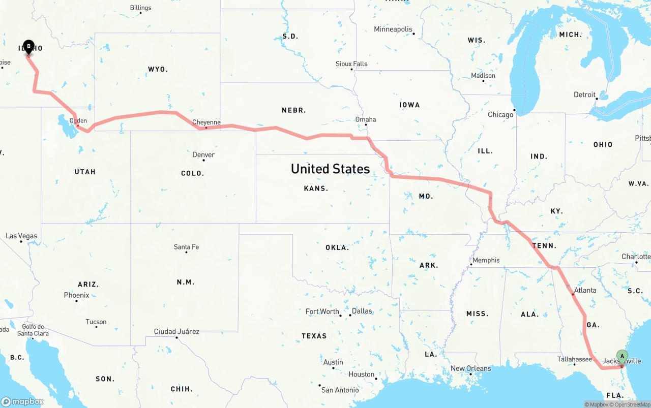 Shipping route from Port of Jacksonville to Idaho