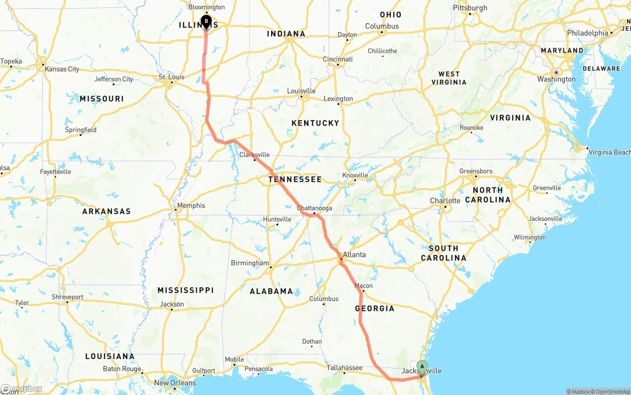 Shipping route from Port of Jacksonville to Illinois
