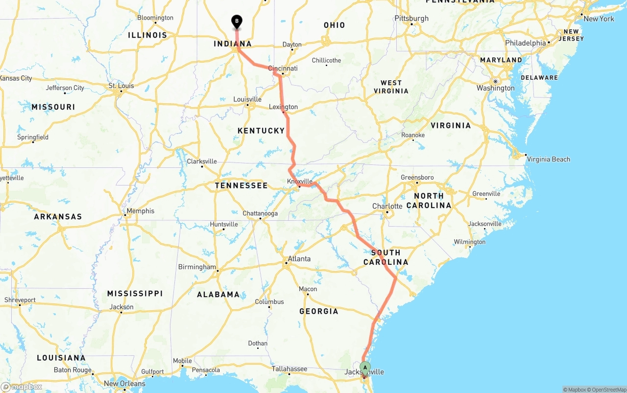 Shipping route from Port of Jacksonville to Indiana