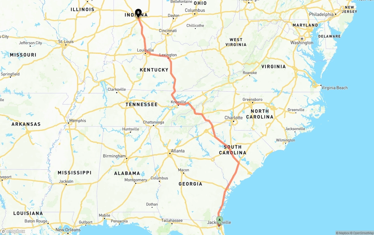 Shipping route from Port of Jacksonville to Indianapolis