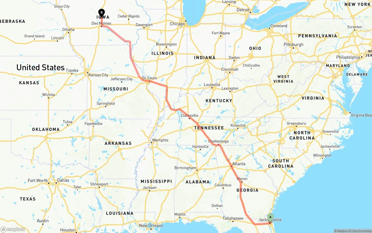 Shipping route from Port of Jacksonville to Iowa