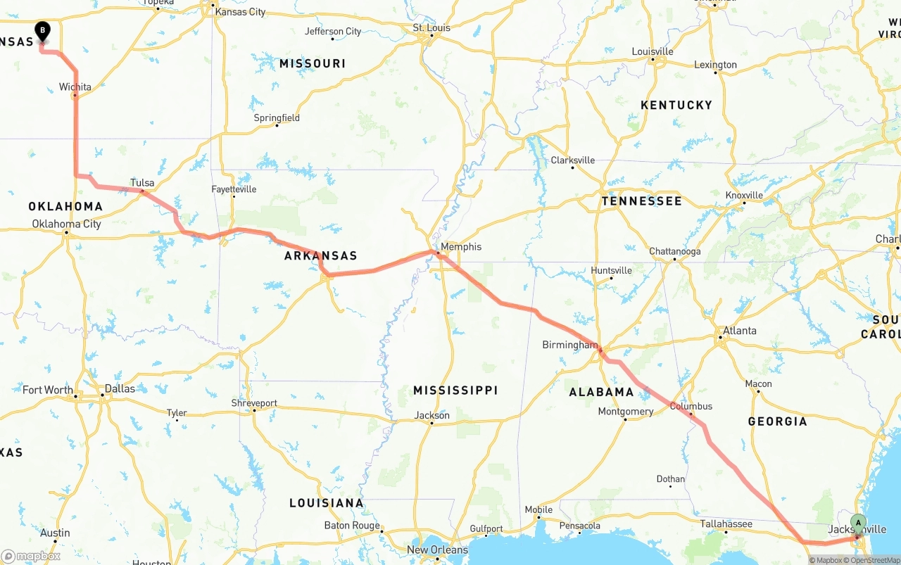 Shipping route from Port of Jacksonville to Kansas