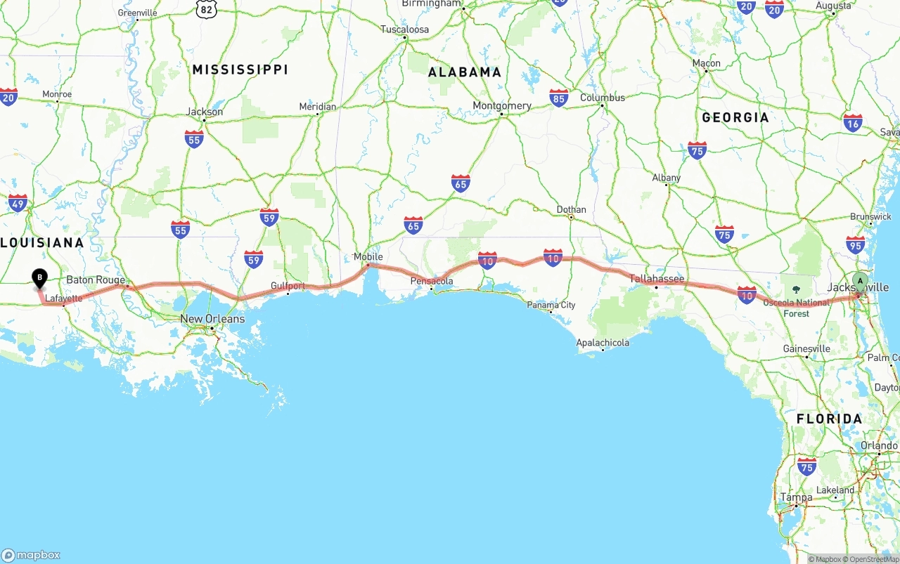 Shipping route from Port of Jacksonville to Louisiana
