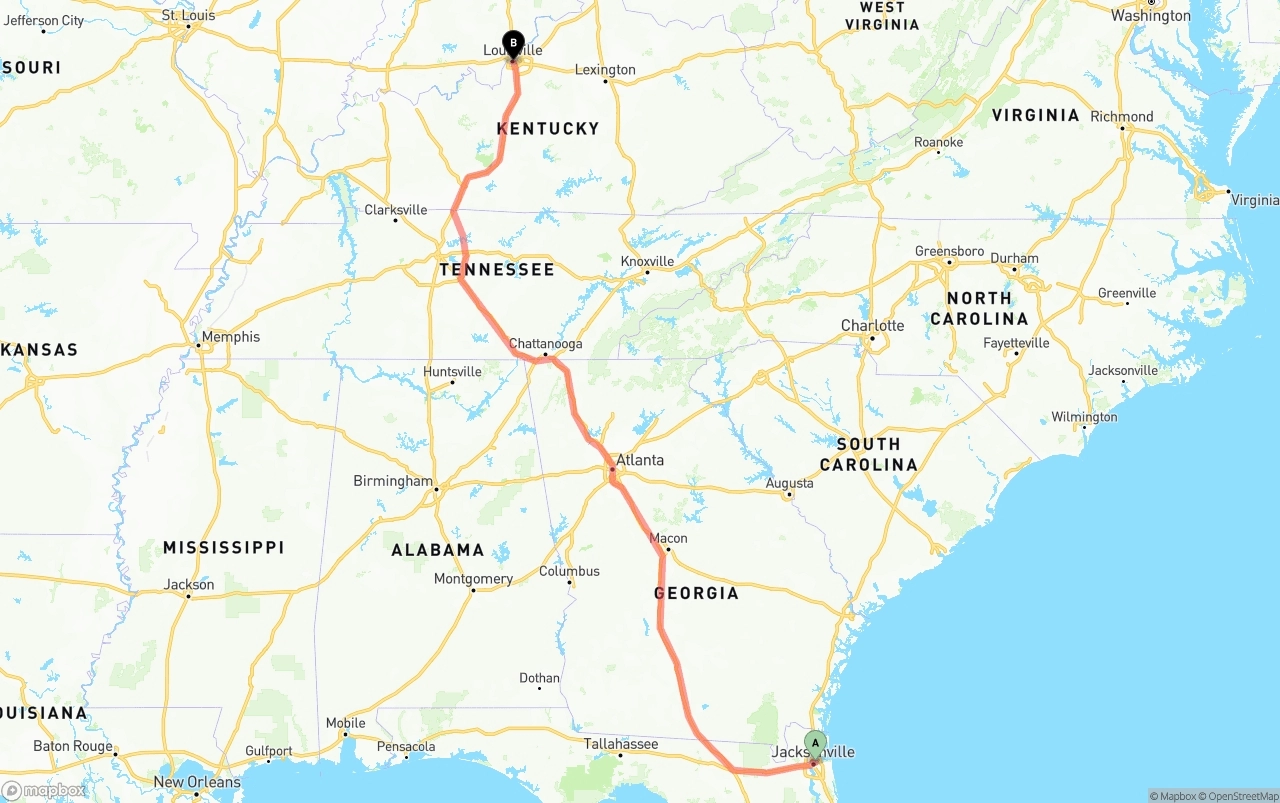 Shipping route from Port of Jacksonville to Louisville