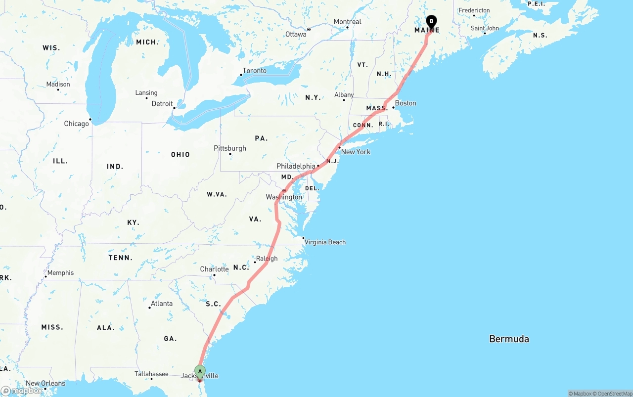Shipping route from Port of Jacksonville to Maine