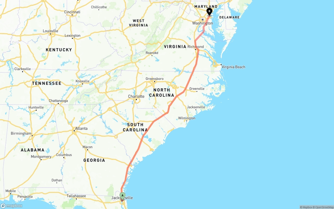 Shipping route from Port of Jacksonville to Maryland