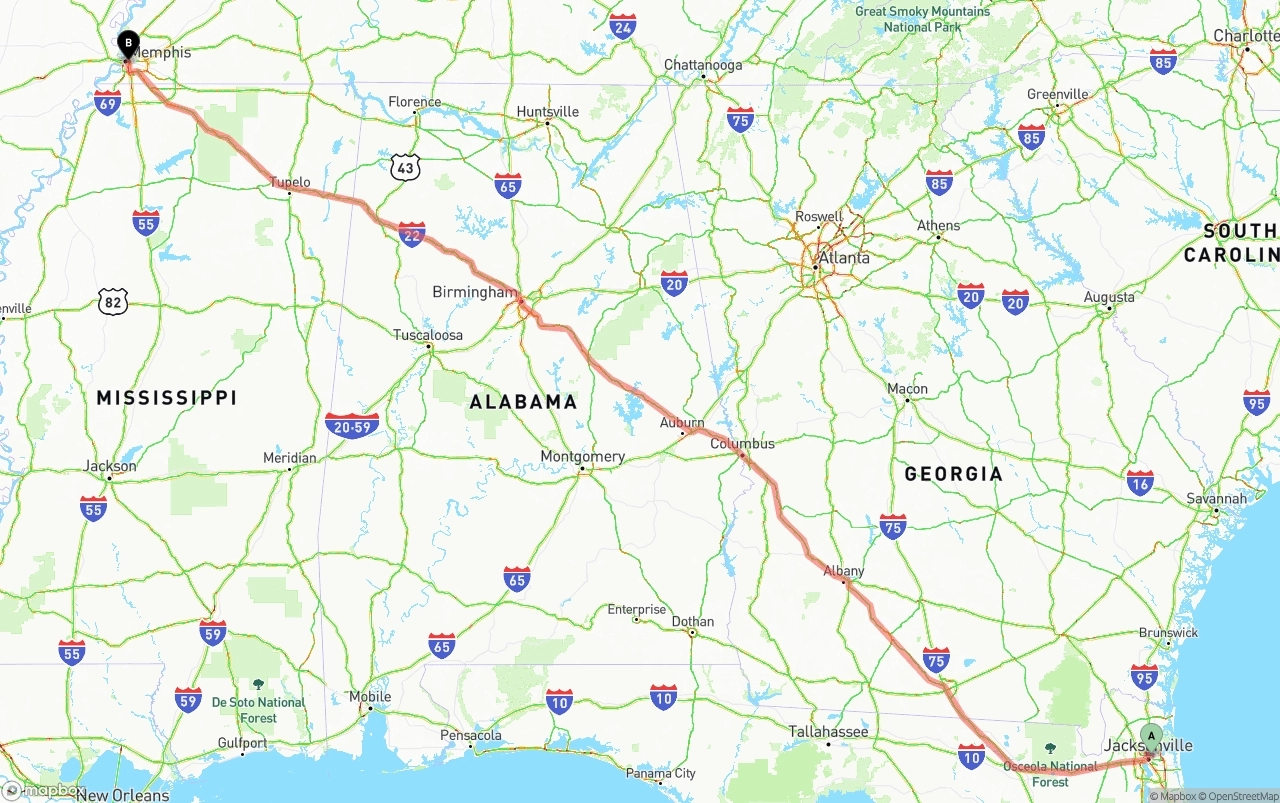 Shipping route from Port of Jacksonville to Memphis
