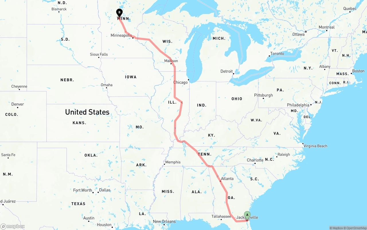 Shipping route from Port of Jacksonville to Minnesota