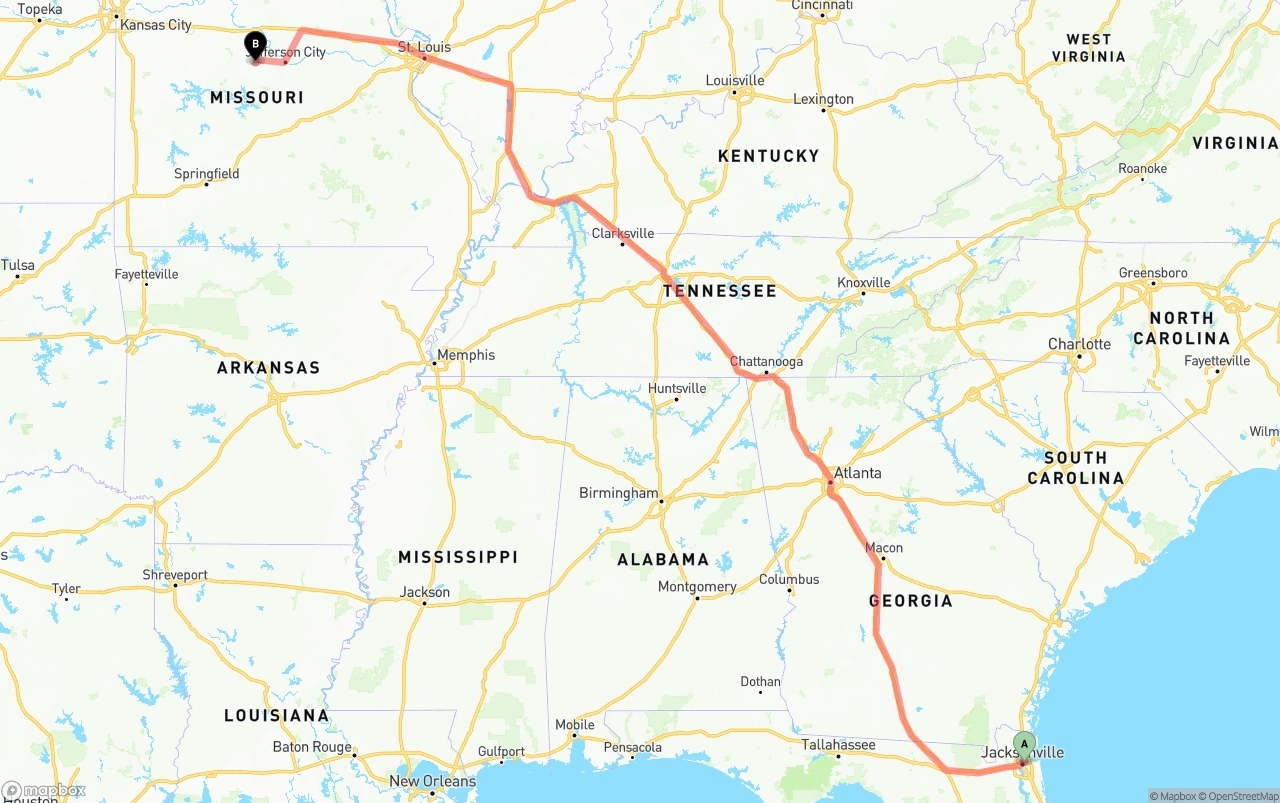 Shipping route from Port of Jacksonville to Missouri