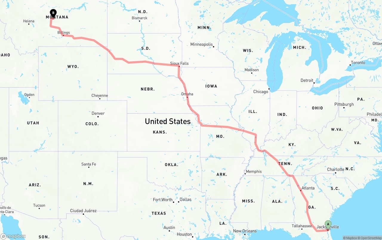 Shipping route from Port of Jacksonville to Montana