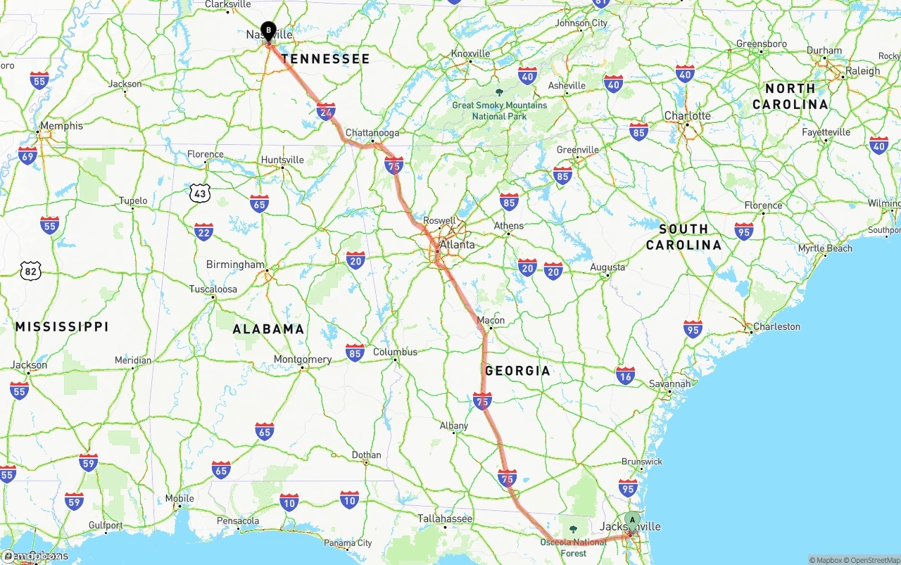 Shipping route from Port of Jacksonville to Nashville