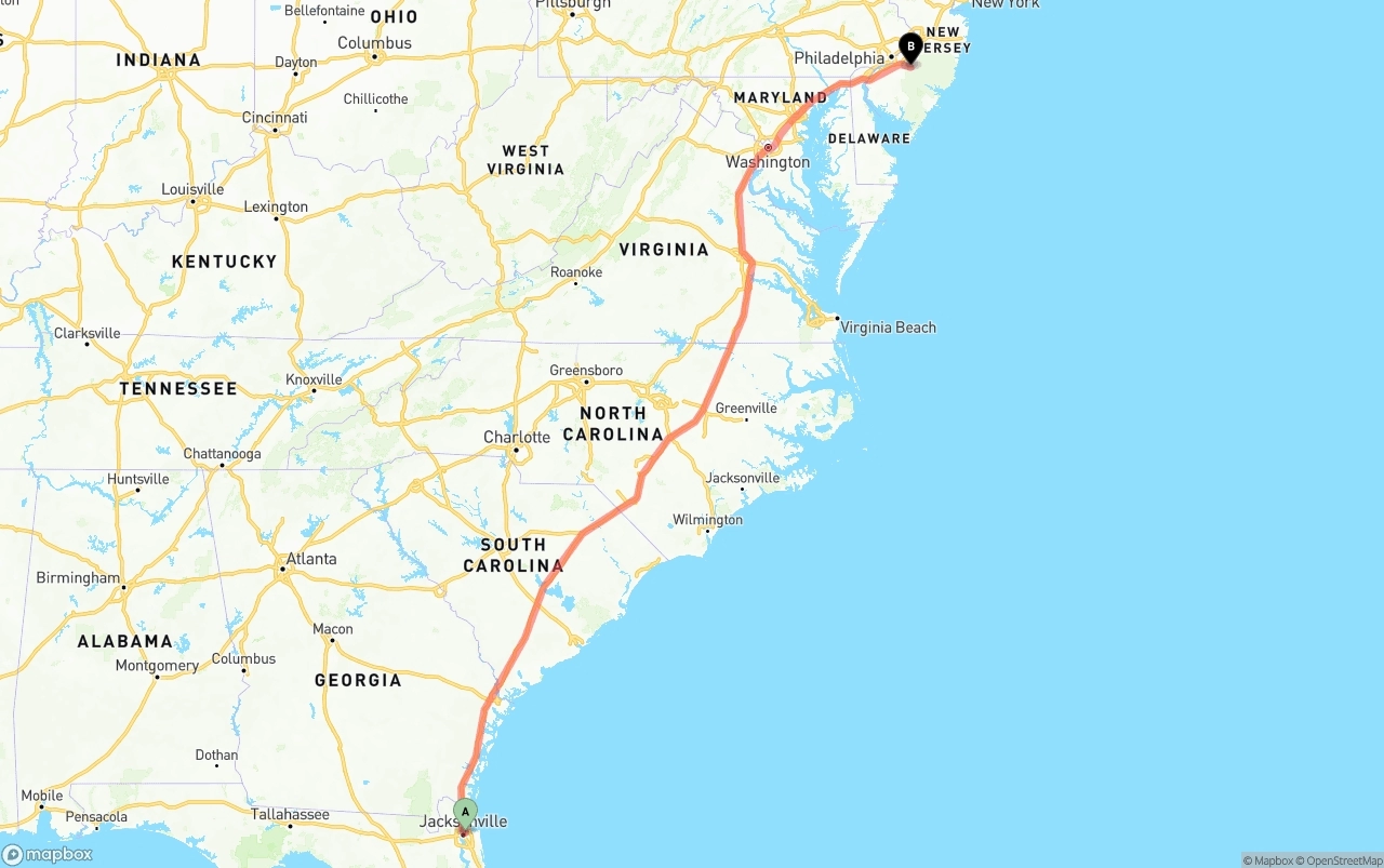 Shipping route from Port of Jacksonville to New Jersey