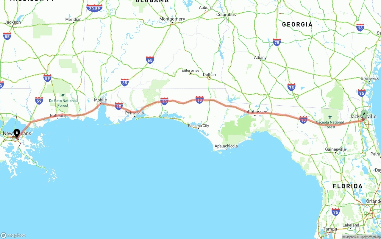 Shipping route from Port of Jacksonville to New Orleans