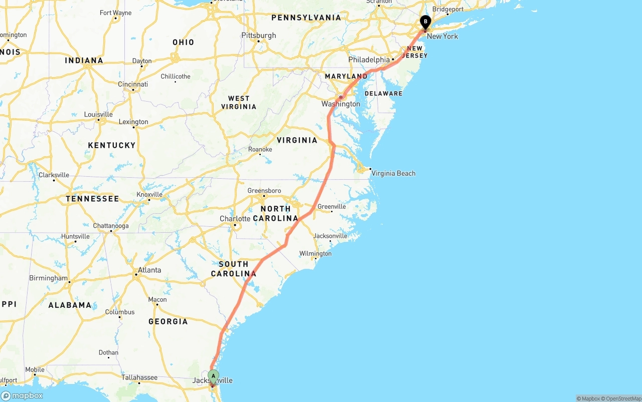 Shipping route from Port of Jacksonville to New York City